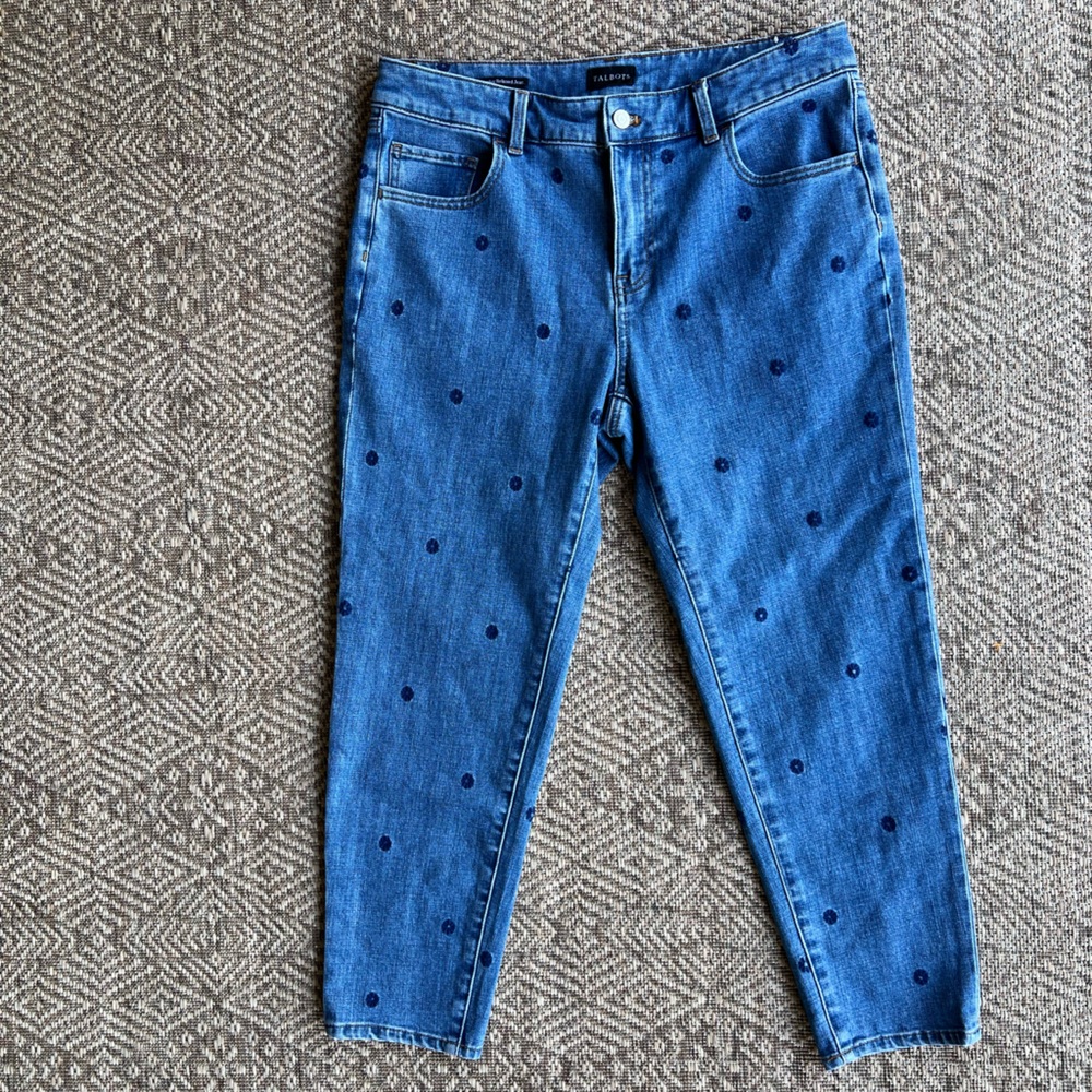 Talbots Blue Denim Ankle Jeans with Navy Dot Embroidery